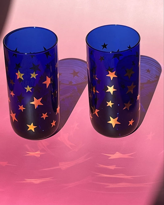 Vintage Libbey Cobalt Blue Tall Drinking Glasses with Gold Stars