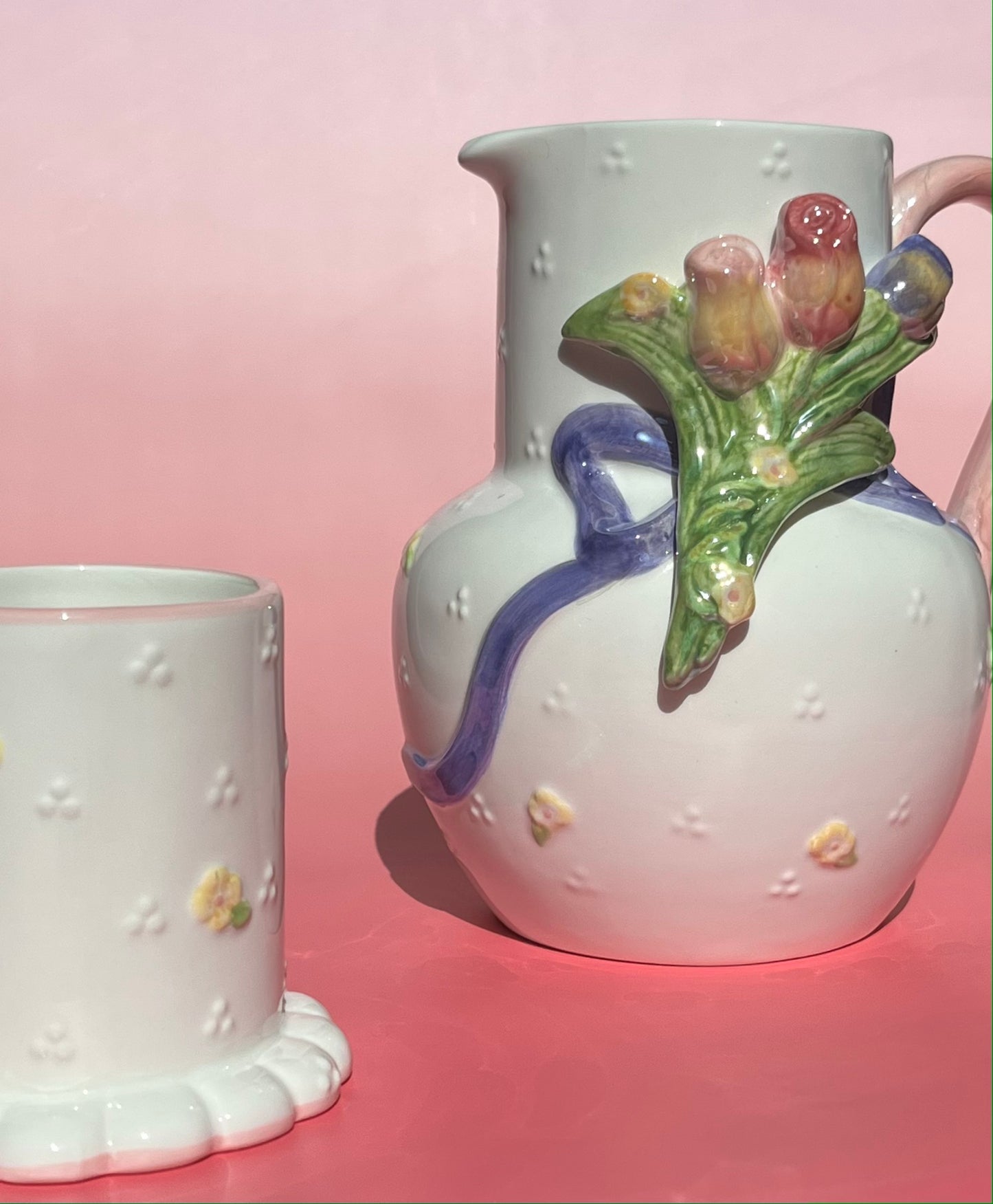 Bella Casa by Ganz White Floral Water Pitcher with Matching Cup