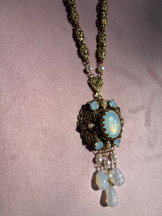 Vintage Czech Moonstone Filigree Lavalier Pendant Necklace