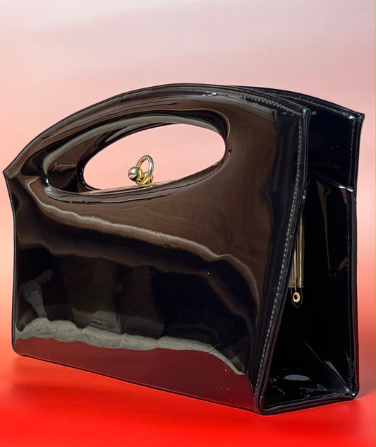 Vintage 1960's Black Patent Leather Clutch Handbag