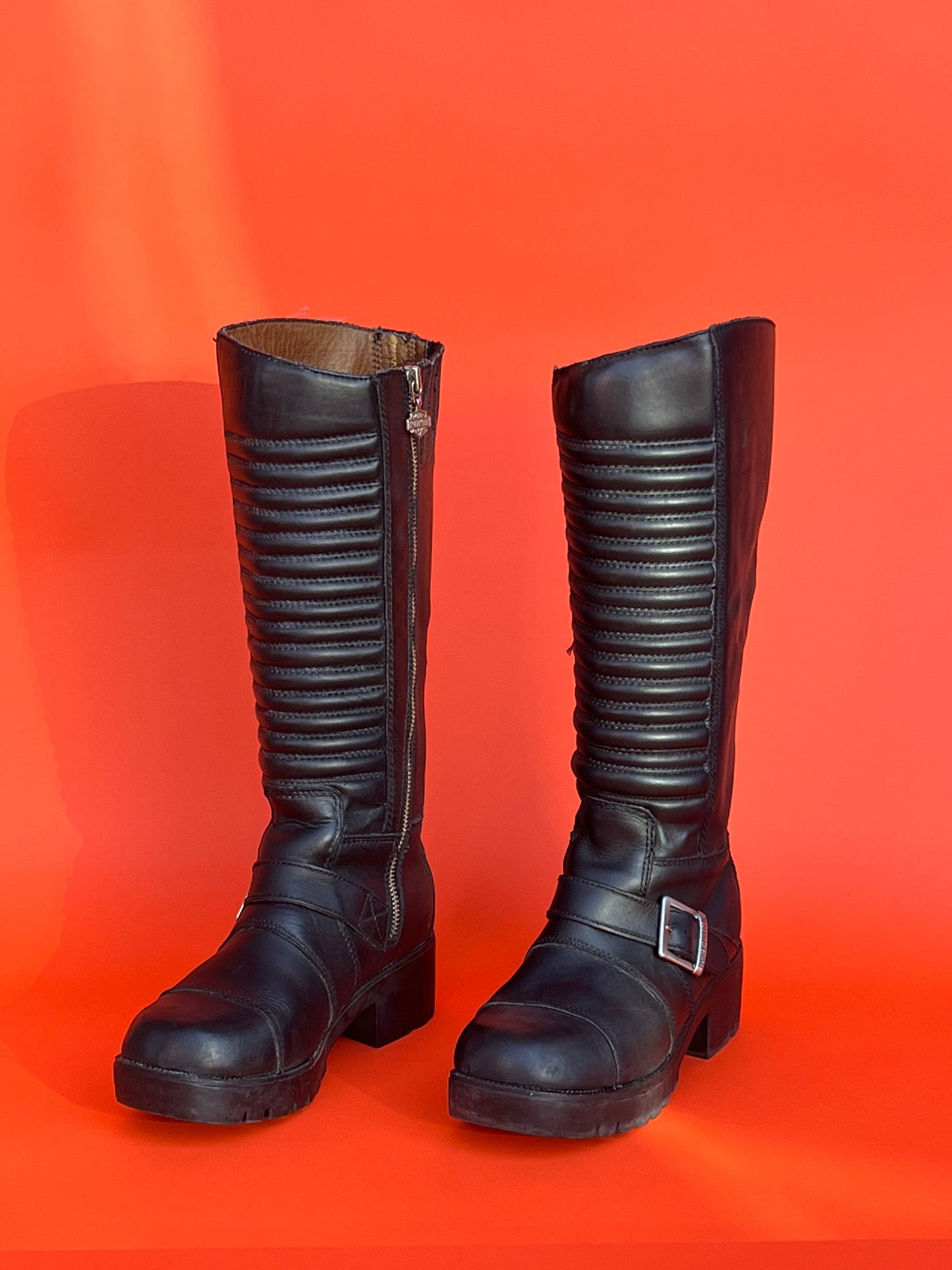 Harley Davidson Knee High Black Leather Moto Boots Size 7.5