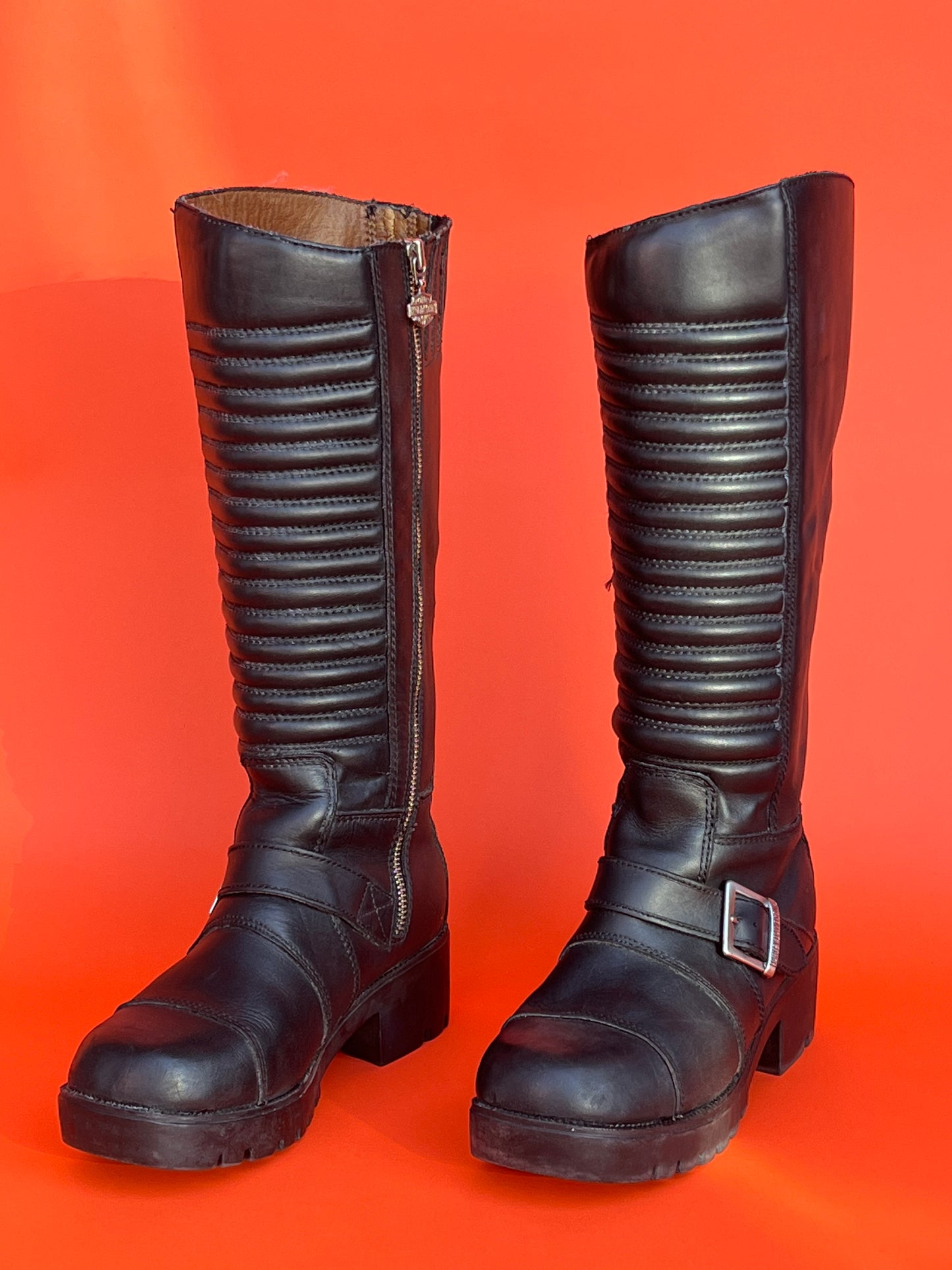 Harley Davidson Knee High Black Leather Moto Boots Size 7.5