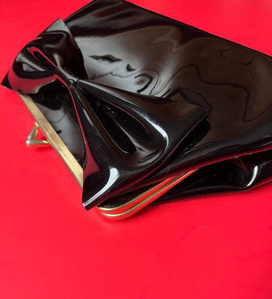 Vintage Bow Black Patent Leather Clutch