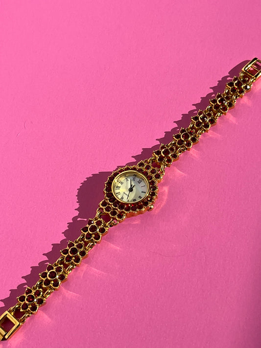 Vintage Gold Tone Watch with Red Crystal Flowers