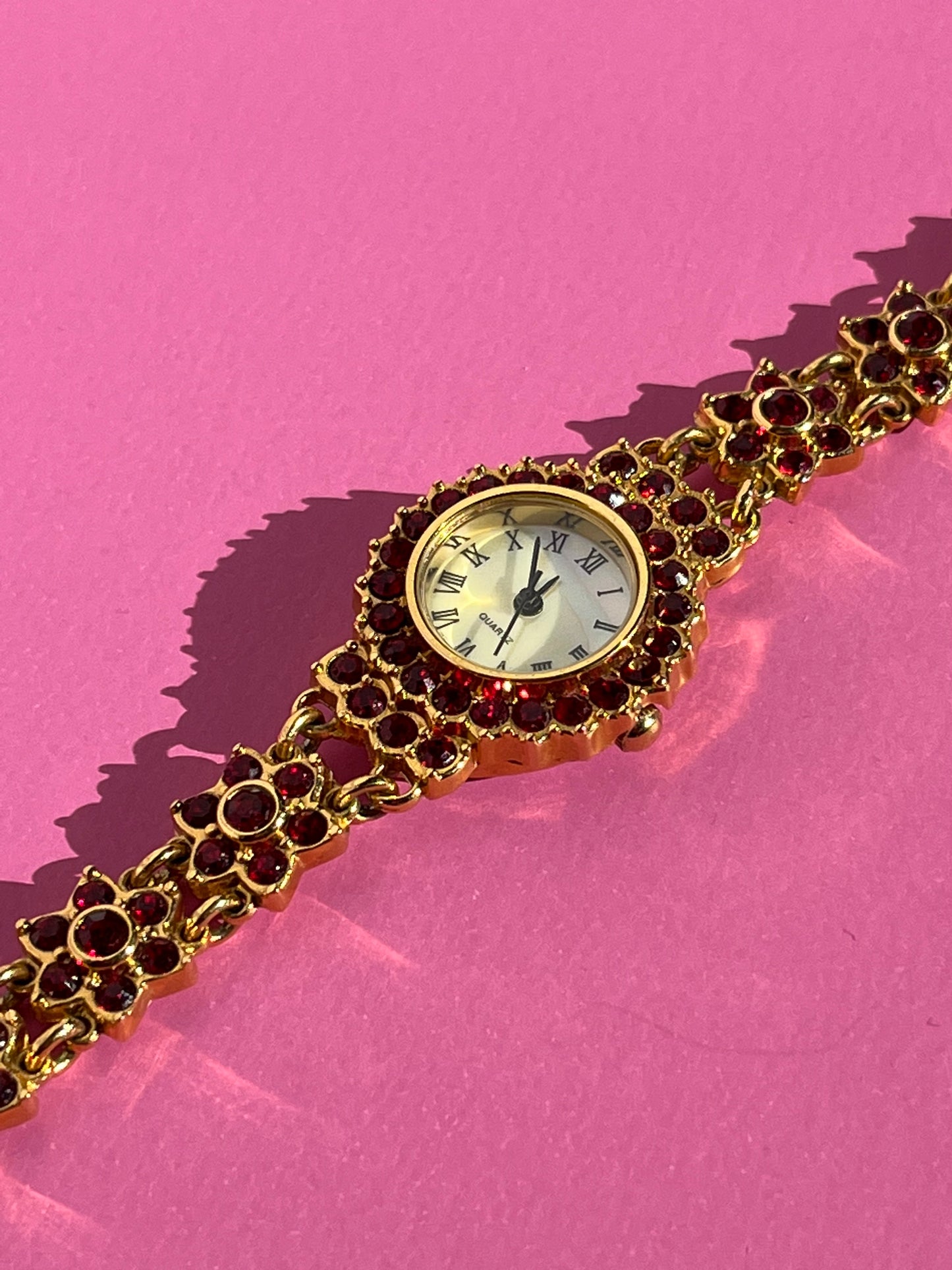 Vintage Gold Tone Watch with Red Crystal Flowers