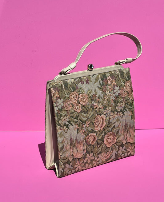 Vintage Floral Tapestry Handbag with Kisslock Closure