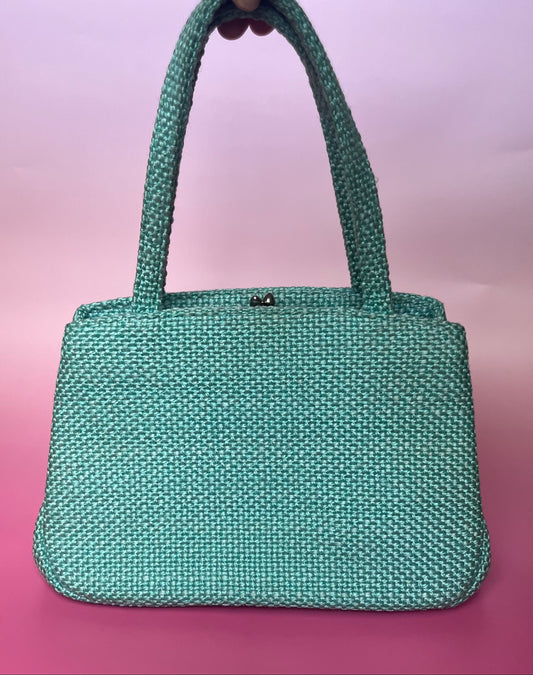 1960's JR Florida Turquoise Burlap Handbag