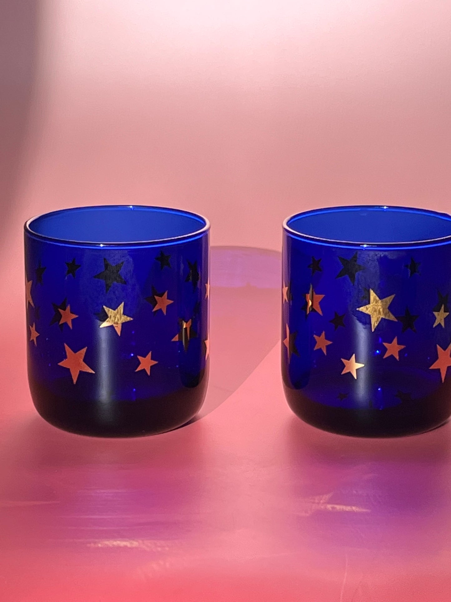 Vintage Libbey Cobalt Blue Short Drinking Glasses with Gold Stars